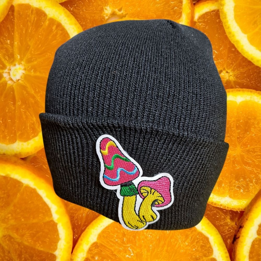 Mushroom Beanie Black‎ Knit Hat Winter Cap Colorful Embroidered Patch